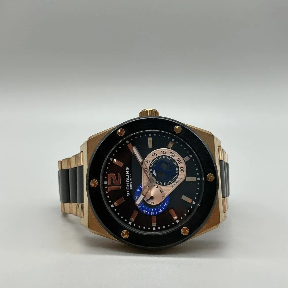 Stuhrling Original Mens Watch 49mm Black Dial Gold Tone Automatic 24-Hr 8.25